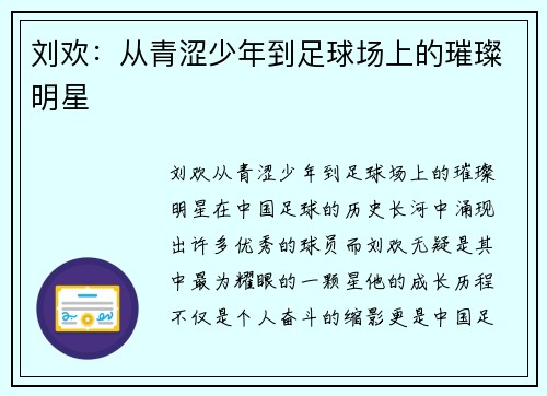 刘欢：从青涩少年到足球场上的璀璨明星